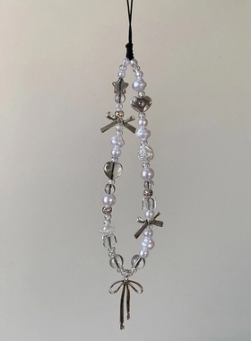 冷淡风银色蝴蝶结手机链海盐白色珍珠耳机ccd拍立得相机挂绳串珠