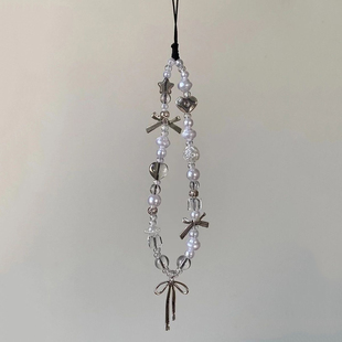 冷淡风银色蝴蝶结手机链海盐白色珍珠耳机ccd拍立得相机挂绳串珠