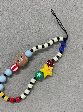 可爱卡通小熊童趣风手工串珠手机链手腕短链ccd拍立得相机挂饰品