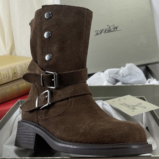 牛反绒皮西部牛仔靴女粗跟厚底骑士靴秋冬短靴真皮两穿中筒马丁靴