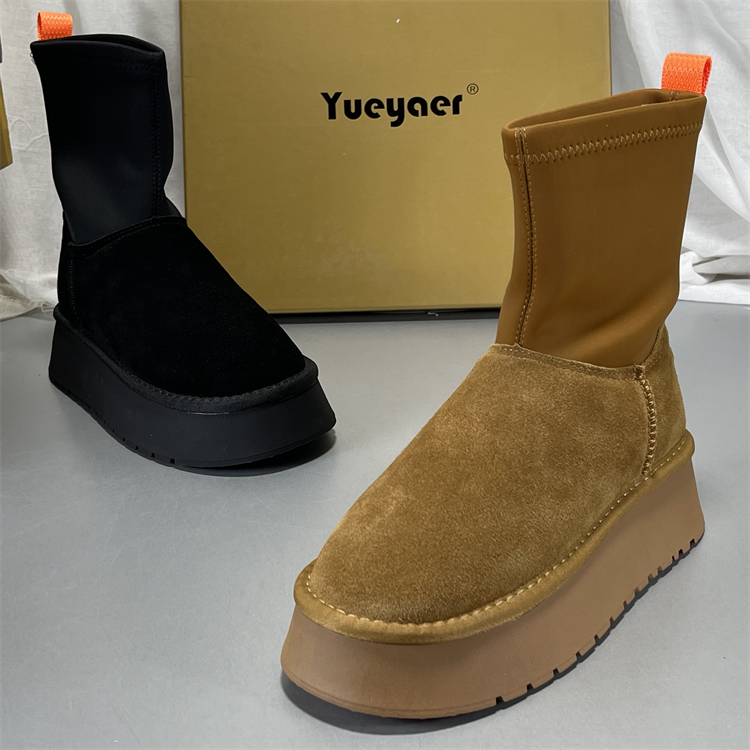 月芽儿真皮勃肯雪地靴女冬款2025圆头户外厚底保暖弹力中筒大棉鞋