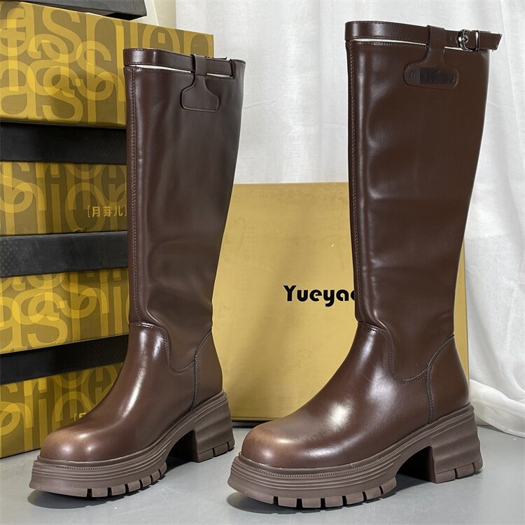 月芽儿加绒骑士靴女厚底圆头粗跟不过膝真皮高筒靴冬季保暖瘦瘦靴,女鞋,骑士靴,淘宝优惠券,粉丝福利购,淘宝优惠卷