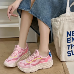 薄款 專柜正品 厚底網面跑鞋 女2025夏季 輕便透氣軟底回彈運動休閑鞋