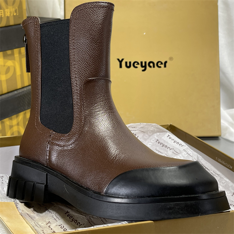 月芽儿头层牛皮厚底马丁靴女新款骑士靴中筒靴切尔西靴棕色短靴子