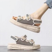 女2025夏季 新款 百搭魔术贴露趾运动鞋 小香风厚底凉鞋 真皮老爹凉鞋