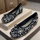 品牌撤柜蝴蝶结亮片单鞋 小香风平底豆豆鞋 女2025新款 真皮内里法式