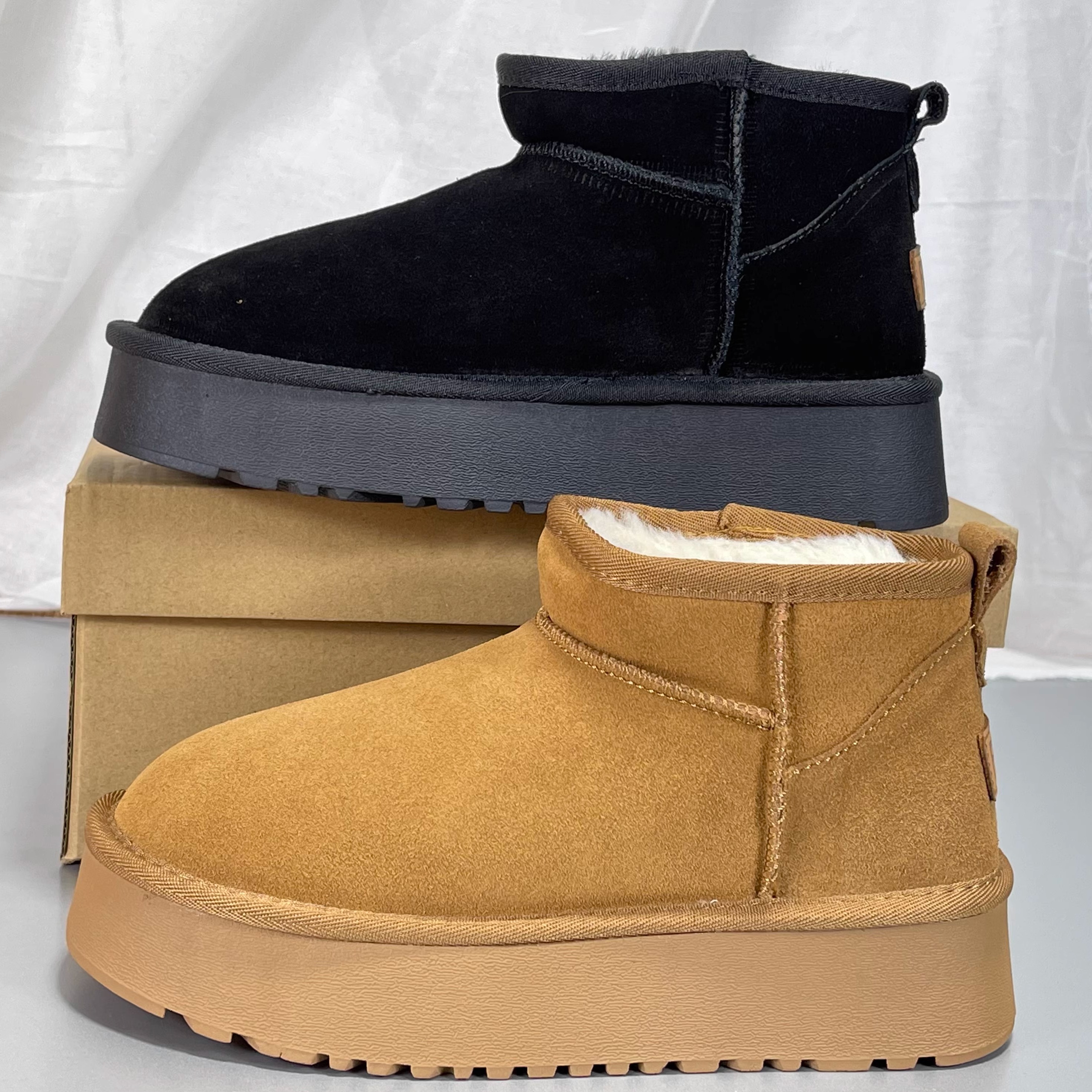 牛反绒皮厚底雪地靴女2025冬季加厚绒保暖棉鞋东北短筒增高面包鞋