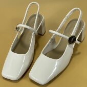 女玛丽珍鞋 2025夏新款 中跟法式 羊漆皮包头凉鞋 一字带粗跟后空单鞋