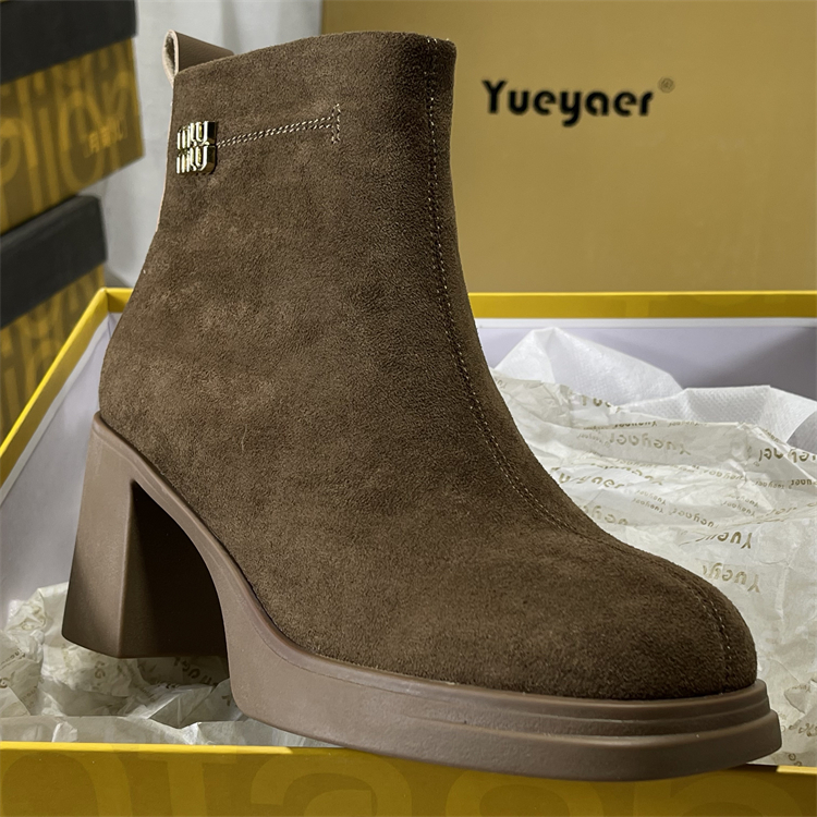 月芽儿正品羊反绒皮切尔西靴厚底高跟鞋加绒粗跟短靴女靴子马丁靴