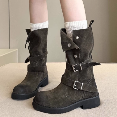 废土风擦色骑士靴磨砂牛皮中筒靴女2025新款百搭休闲西部牛仔靴女