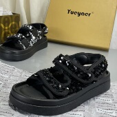 亮片百搭透气舒适魔术贴凉鞋 月芽儿2026春夏新款 露趾厚底凉鞋 女