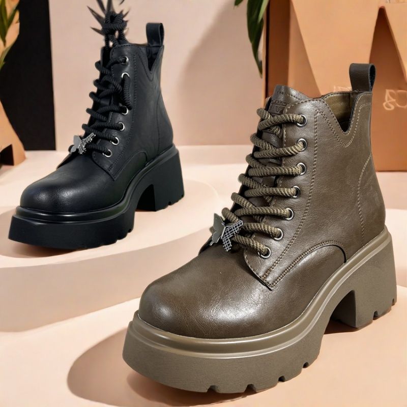 品牌女鞋真皮2024秋冬新款复古英伦风厚底马丁靴侧拉链粗跟瘦瘦靴