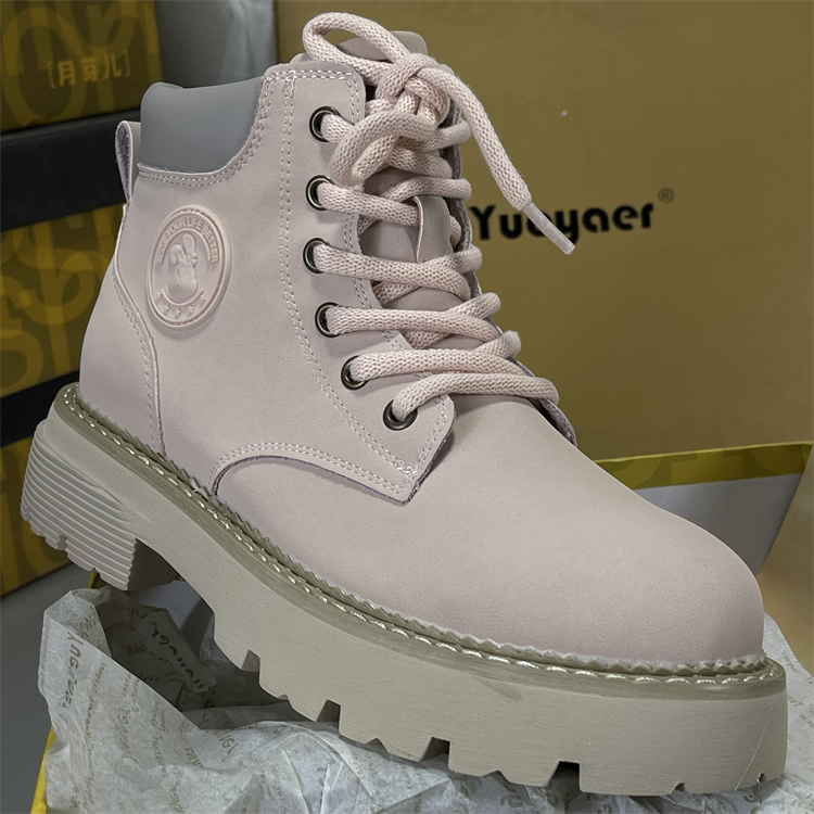 月芽儿牛皮粉色厚底马丁靴英伦风厚底大黄靴子女复古休闲工装靴