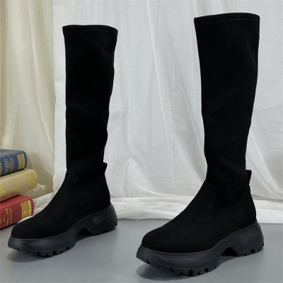 真皮长筒靴女粗腿小个子弹力靴厚底运动高筒靴瘦瘦靴长靴骑士靴子