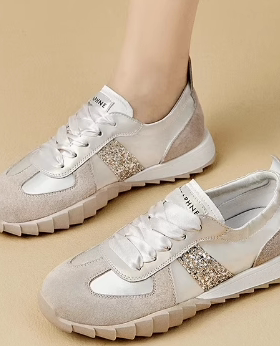 头层牛皮休闲鞋女2025春夏款运动鞋亮片透气德训鞋阿甘鞋板鞋3cm
