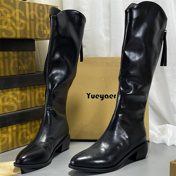 月芽儿长筒靴女骑士靴后拉链尖头粗跟真皮牛皮不过膝高筒靴瘦瘦靴