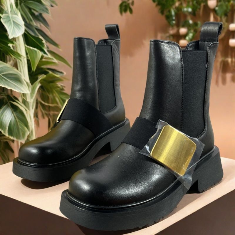头层牛皮切尔西靴女加绒冬季圆头粗跟套筒真皮英伦风机车靴女短靴