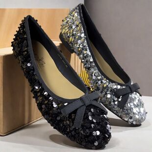 专柜正品头层牛皮豆豆鞋女小香风亮片蝴蝶结单鞋真皮圆头浅口瓢鞋