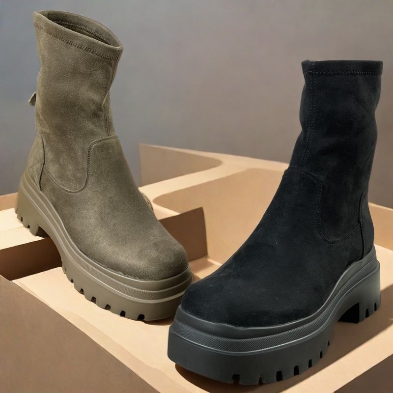 正品撤柜粗跟短靴显高显瘦袜靴女2025秋冬款厚底弹力靴瘦瘦靴单靴