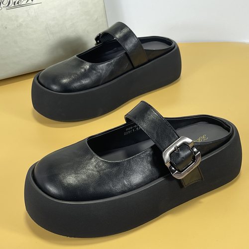 专柜正品真皮一脚蹬厚底时尚玛丽珍鞋一字带包头懒人勃肯鞋女拖鞋