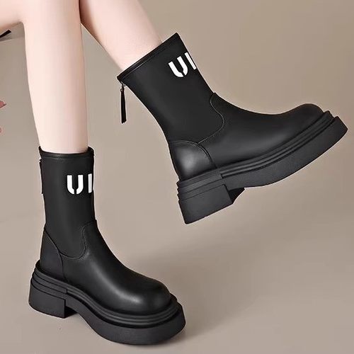 商场同款2025秋冬法式复古中筒靴真皮短靴女厚底英伦风瘦瘦马丁靴