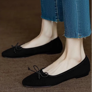 丝绒浅口法式 蝴蝶结软皮粗跟工作鞋 单鞋 新款 女2025秋季 真皮内里