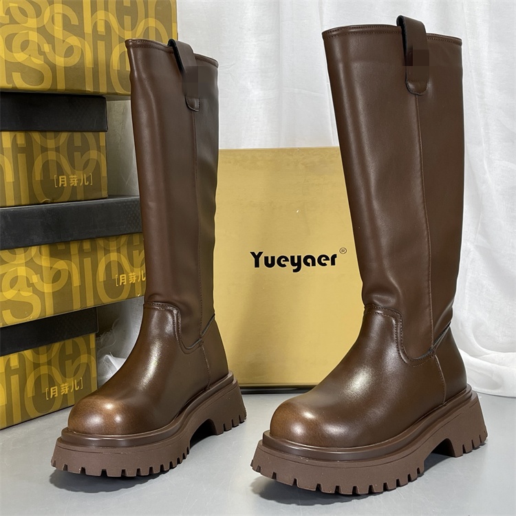 月芽儿真皮加绒长筒靴女秋冬季新款显瘦长靴不过膝长筒靴骑士靴女