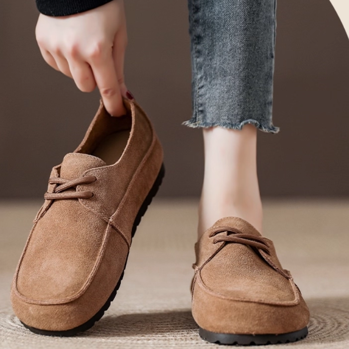 真皮磨砂牛皮勃肯鞋女2025春秋新款舒适软底系带休闲豆豆鞋女单鞋