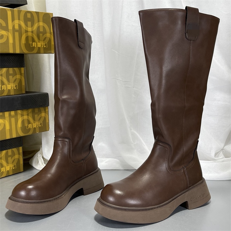 月芽儿断码撤柜软皮骑士靴长筒靴女加绒2025秋冬款百搭厚底高筒靴