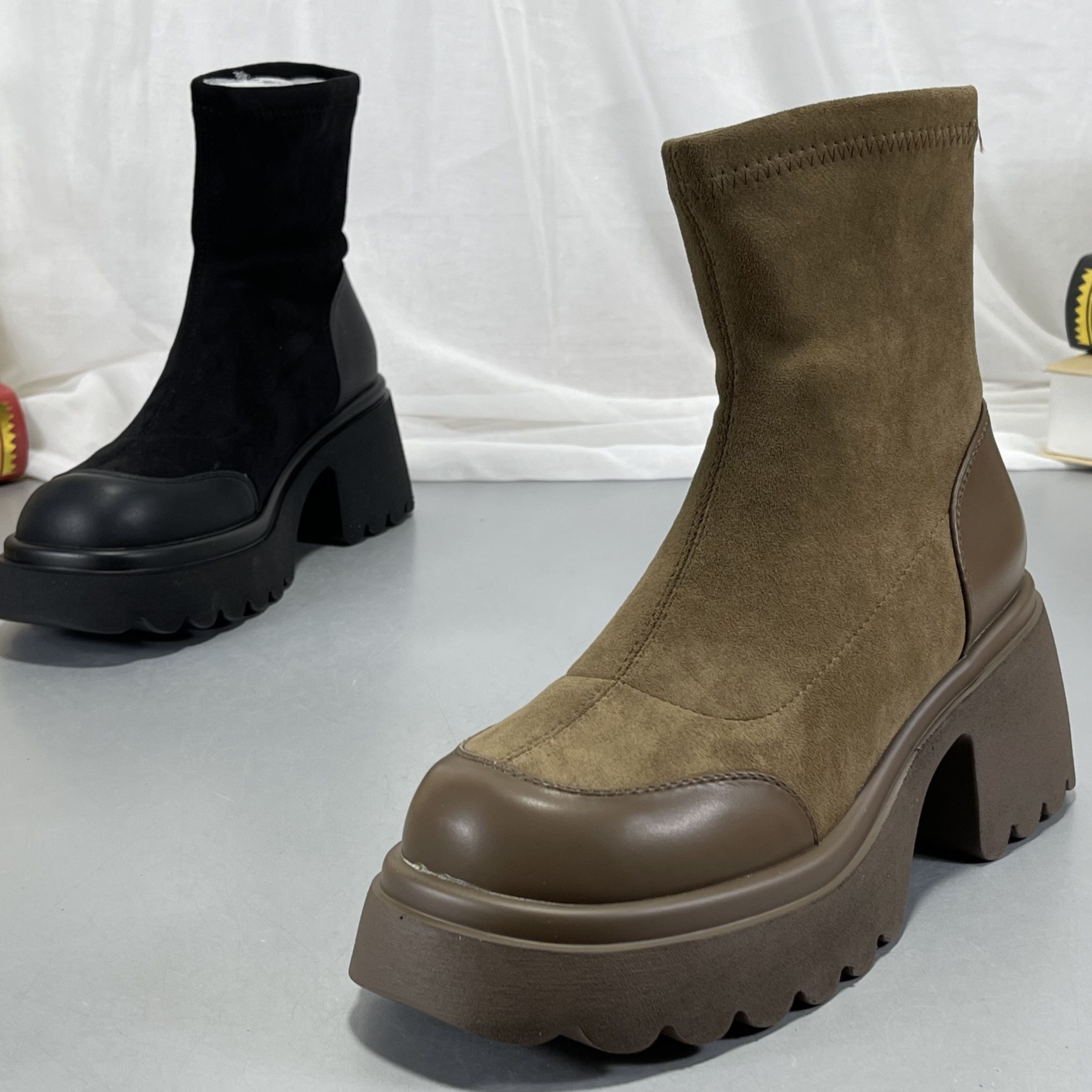 厚底真皮瘦瘦靴短靴女冬季新款女靴粗跟女鞋靴子加绒棕色弹力靴,女鞋,马丁靴,淘宝优惠券,粉丝福利购,淘宝优惠卷