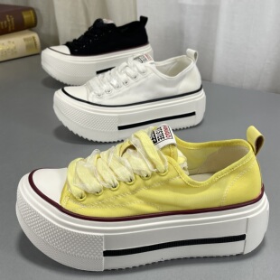 厚底增高帆布鞋女猪皮脚垫2026春夏新款透气百搭小白鞋休闲松糕鞋