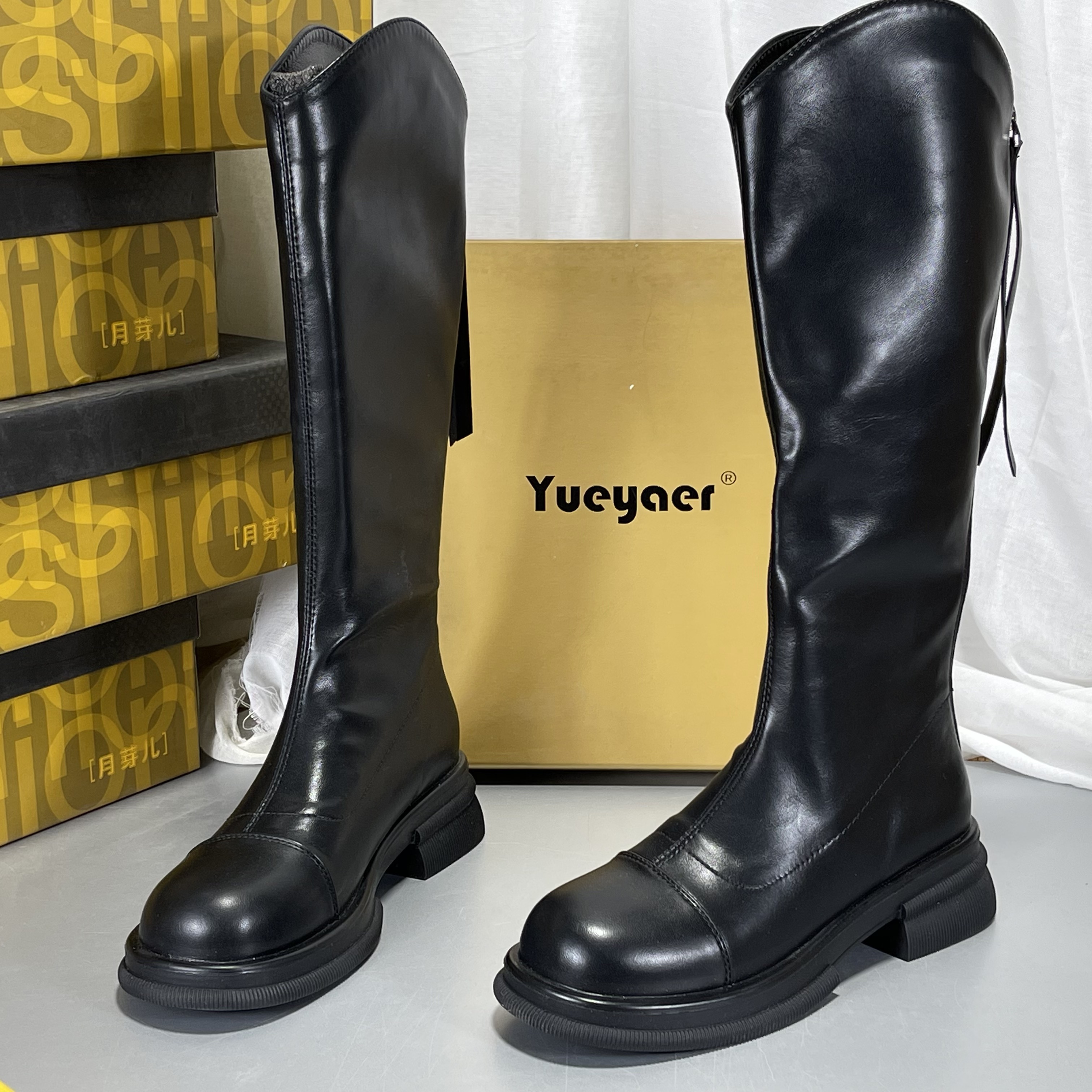 月芽儿真皮骑士靴女2025秋冬新款显瘦不过膝长筒靴高筒厚底瘦瘦靴