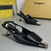 气质金属头单鞋 女绸缎小香风高跟鞋 包头后空凉鞋 月芽儿配裙子夏季