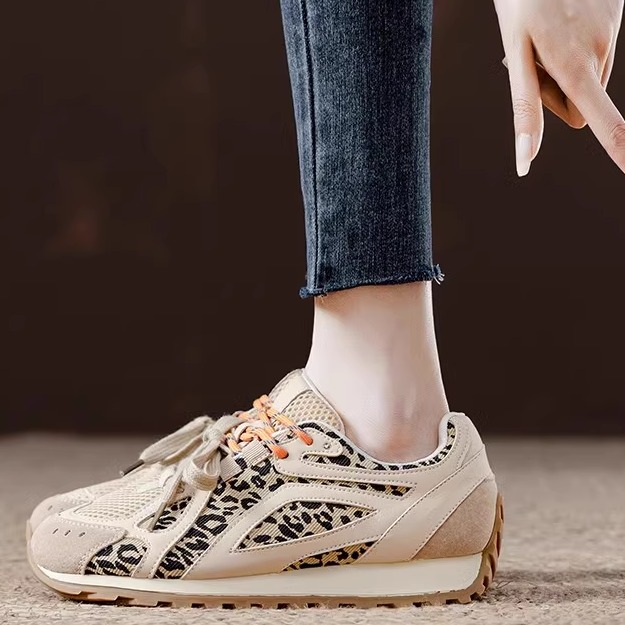 专柜正品真皮老爹鞋女2025春新款厚底豹纹百搭休闲透气运动阿甘鞋