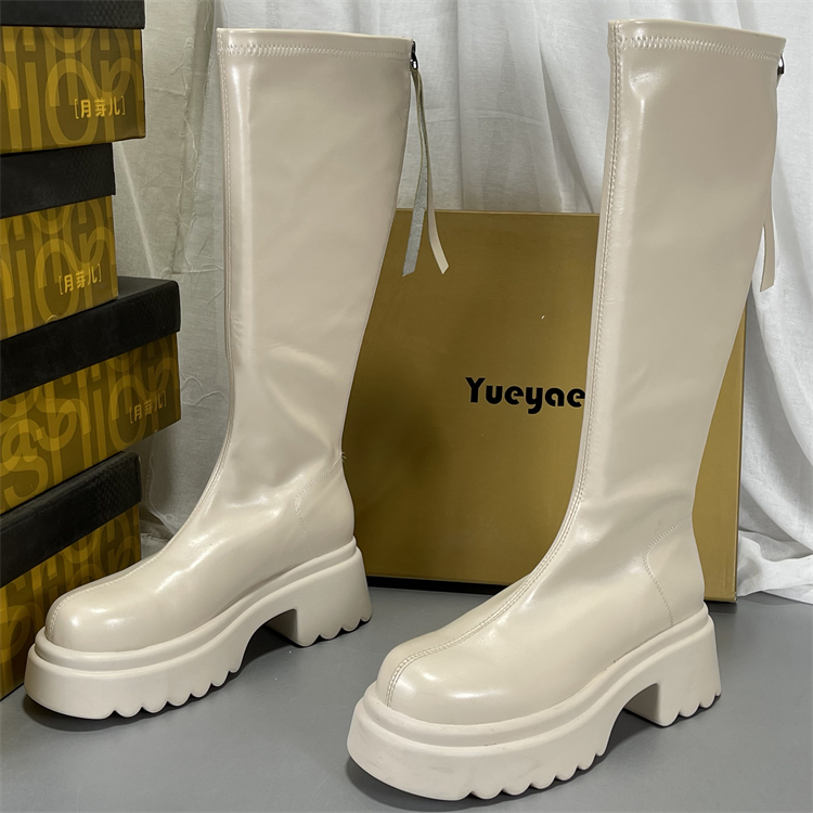 月芽儿真皮长筒女靴子不过膝长靴秋冬季加绒厚底显高显瘦骑士靴子