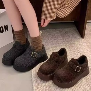 棉鞋 小个子增高脚蹬松糕保暖乐福鞋 呢子2025秋冬款 厚底加绒勃肯鞋