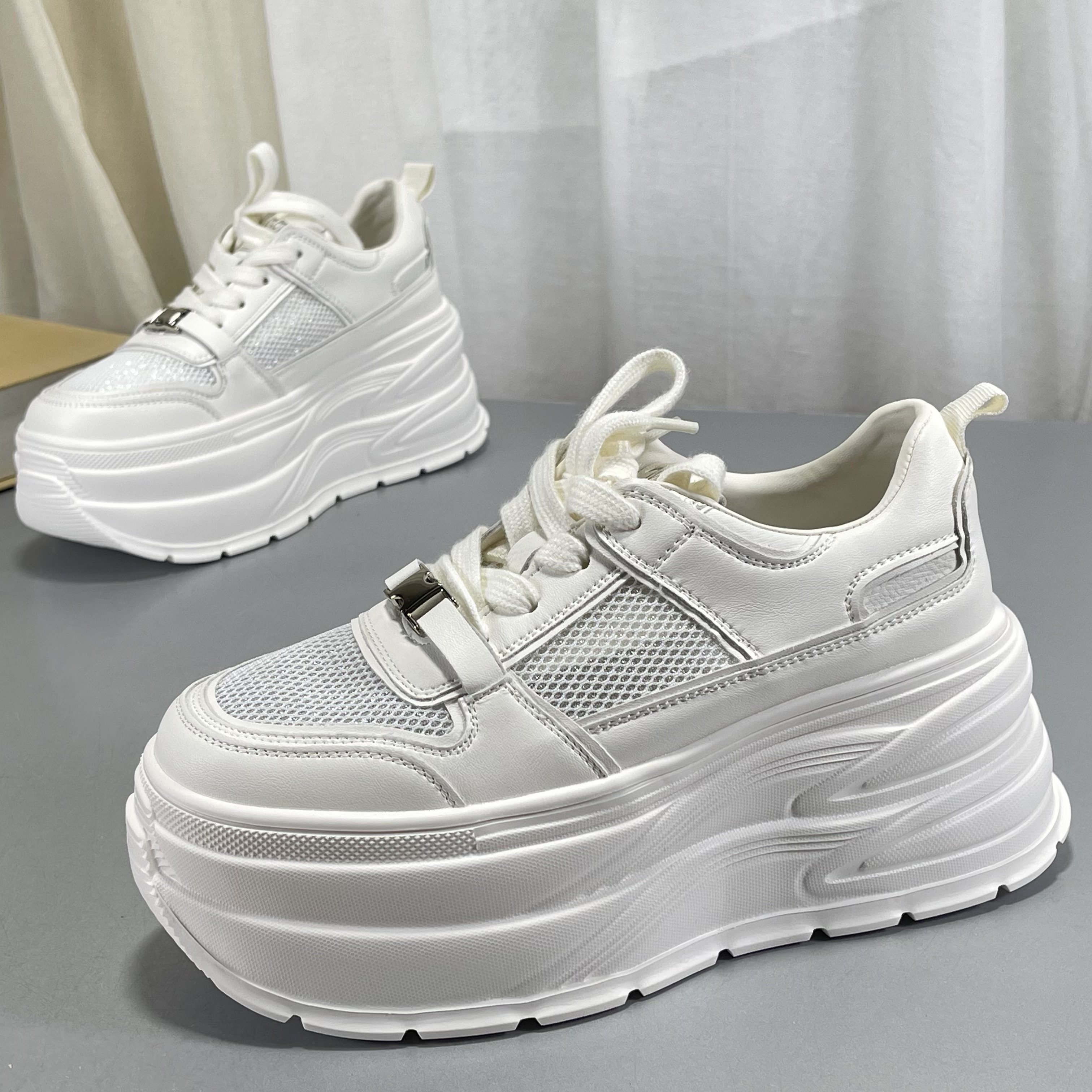 松糕鞋女2025新款时尚百搭老爹鞋厚底板鞋真皮拼接网面透气小白鞋,女鞋,时尚休闲鞋,淘宝优惠券,粉丝福利购,淘宝优惠卷