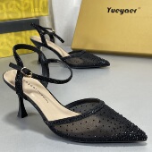 新款 月芽儿断码 细跟高跟仙女一字带黑色 水钻尖头凉鞋 夏季 女鞋 法式