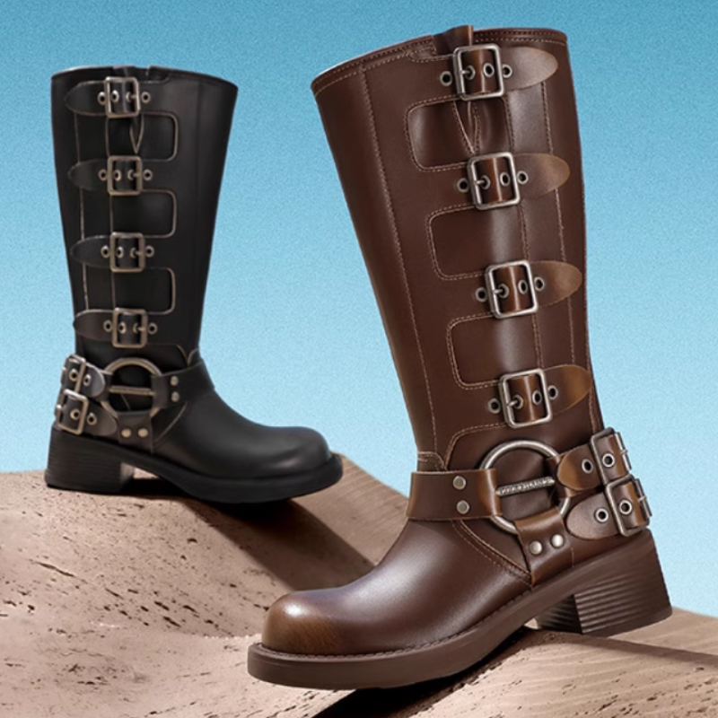 商场同款头层牛皮机车靴骑士靴女款长筒靴真皮复古粗跟西部牛仔靴