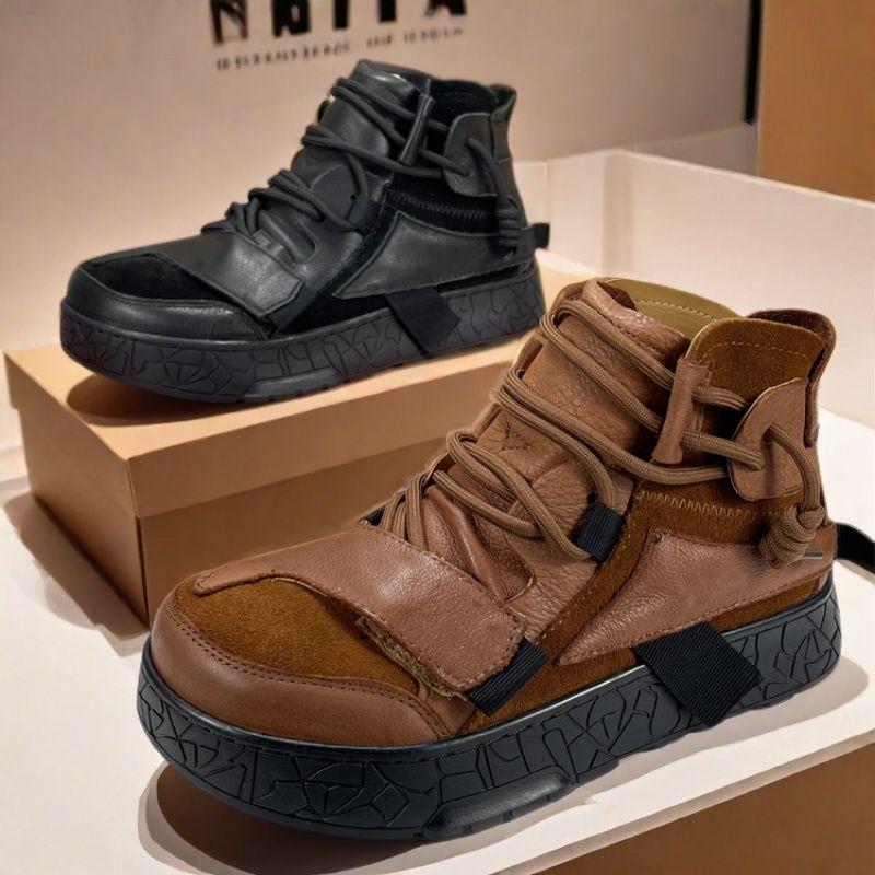 外贸撤柜头层牛皮萌丑高帮休闲鞋女2024秋冬款复古百搭软底马丁靴