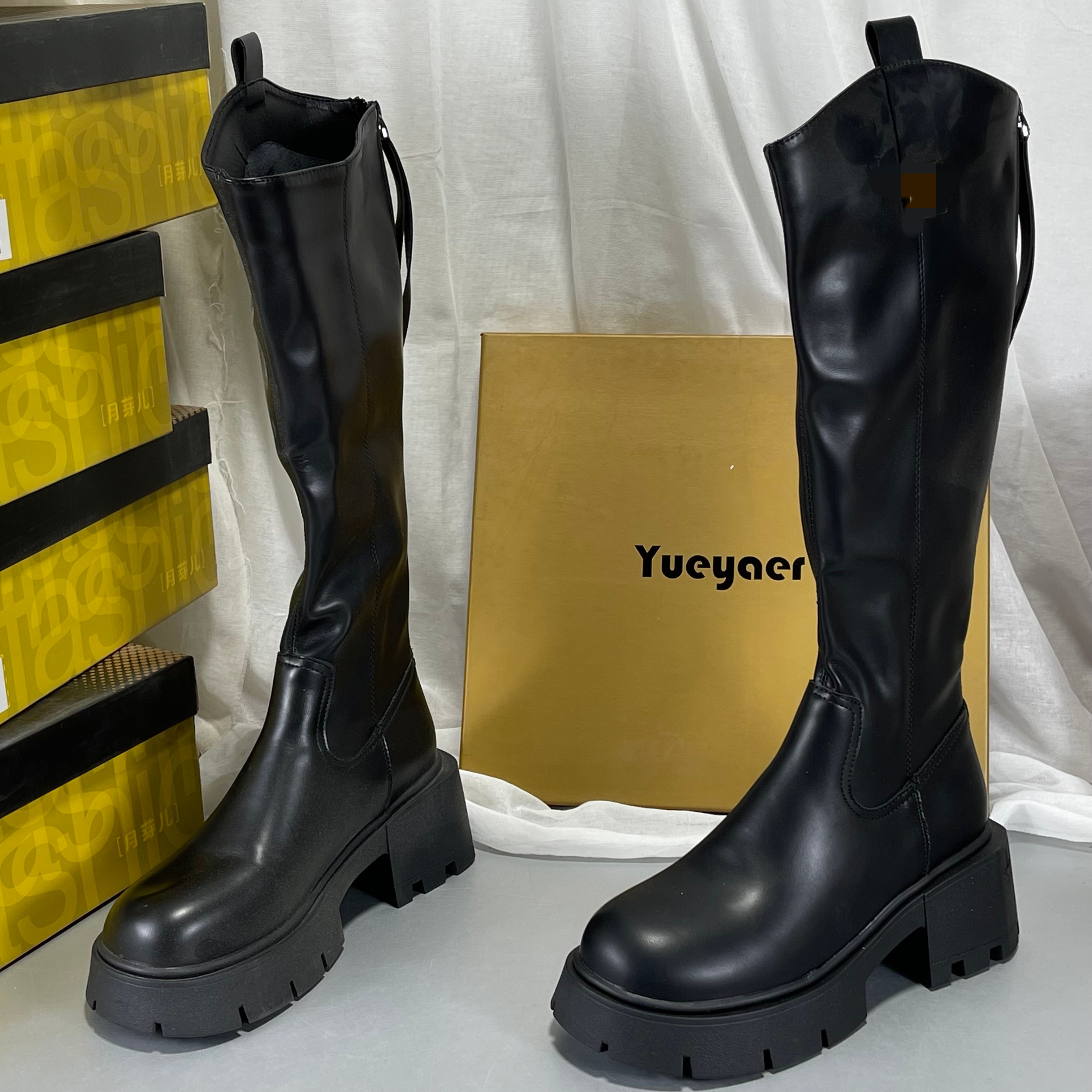 月芽儿正品撤柜秋冬瘦瘦靴长筒靴真皮后拉链厚底粗跟骑士靴不过膝
