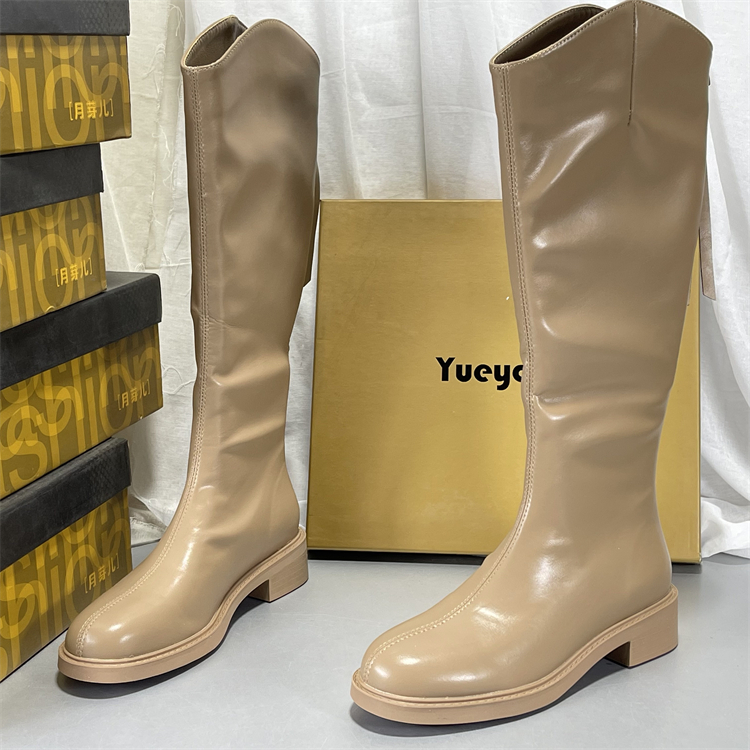 月芽儿长靴女冬季平绒真皮瘦瘦靴显瘦高跟骑士靴厚底骑士靴长筒靴