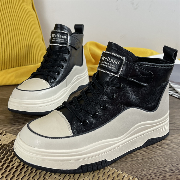 品牌头层牛皮高帮鞋女2024新款春秋季真皮厚底休闲板鞋厚底小白鞋