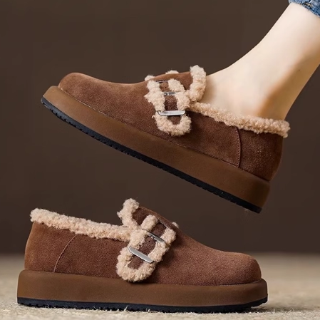 头层牛皮厚底毛毛鞋女2025秋冬新款一脚蹬豆豆鞋加绒保暖勃肯棉鞋