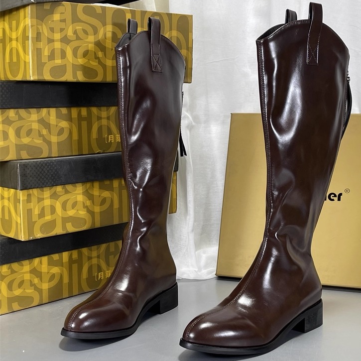 月芽儿厚底长筒靴女2025秋冬新款粗跟薄绒真皮小个子V口尖头长靴