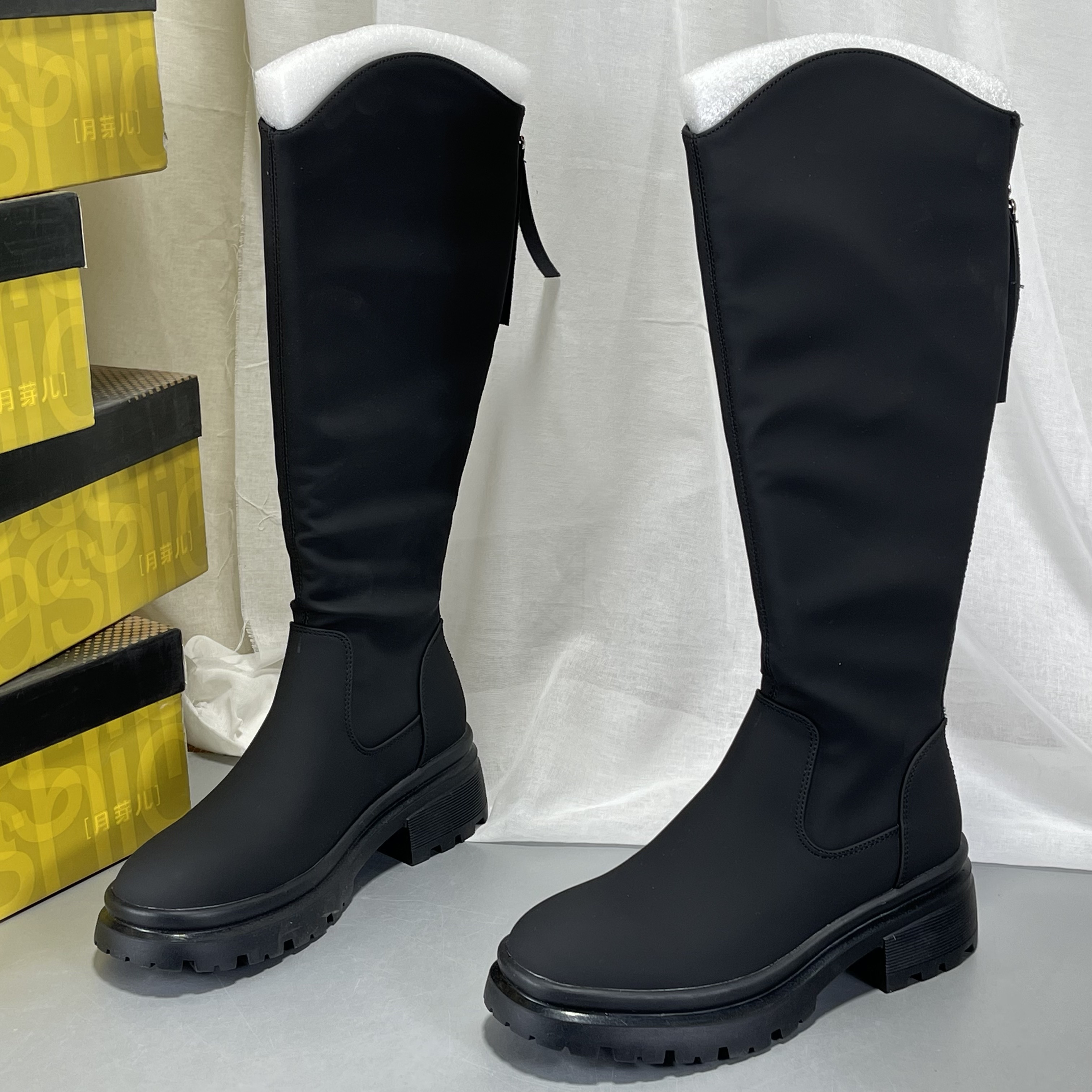 月芽儿真皮骑士靴女2025秋冬后拉链加绒厚底圆头长筒靴不过膝棉靴