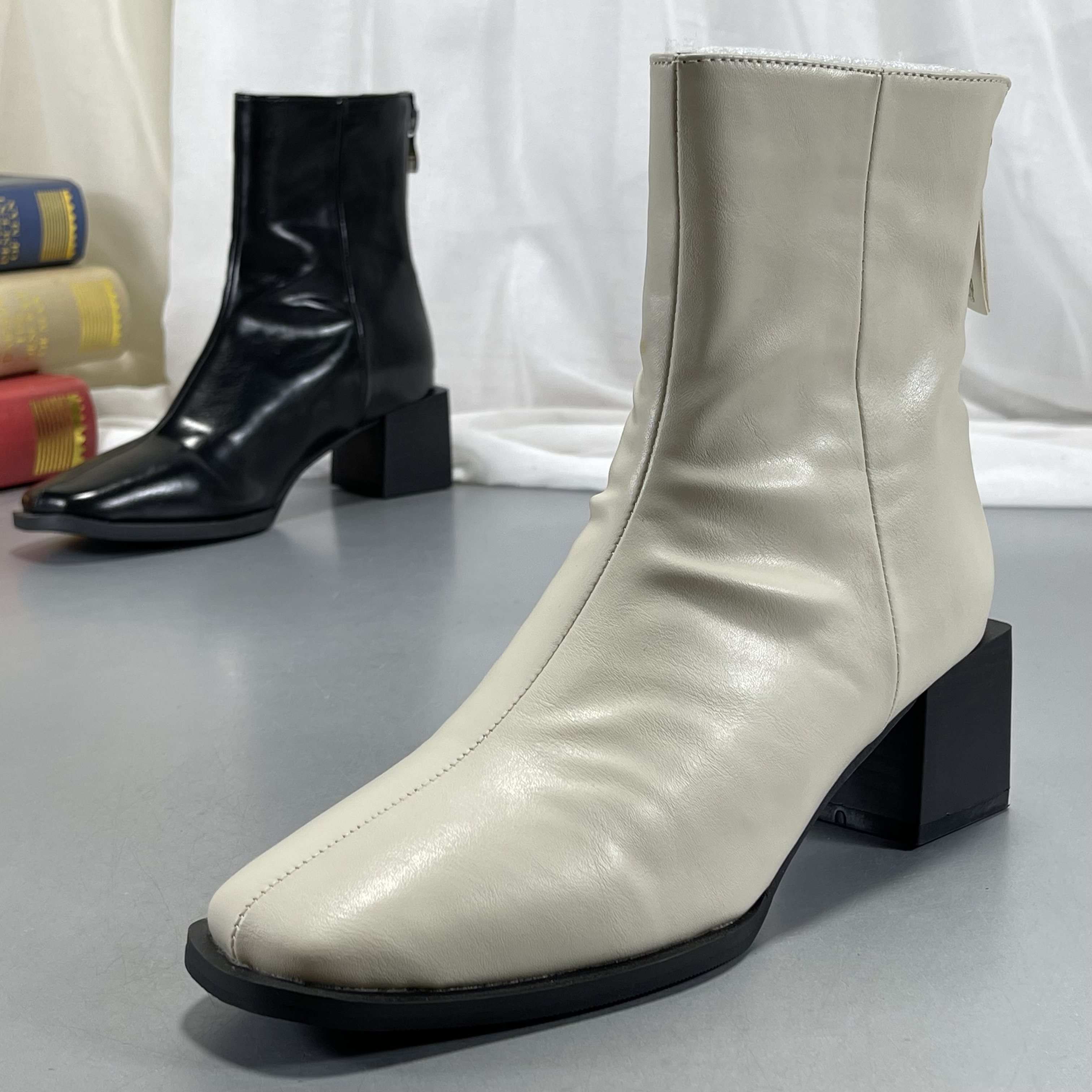 牛皮版~ 复古方头高跟靴小个子粗跟短筒靴侧拉链法式通勤瘦瘦靴,女鞋,马丁靴,淘宝优惠券,粉丝福利购,淘宝优惠卷