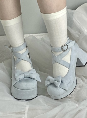 小松塔塔 口袋猫Lolita原创丝绒蝴蝶结圆头lo鞋厚底鞋跟鞋