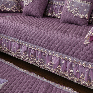 紫色亚麻沙发垫子纯色耐脏四季通用布艺实木花边防滑欧式简约透气