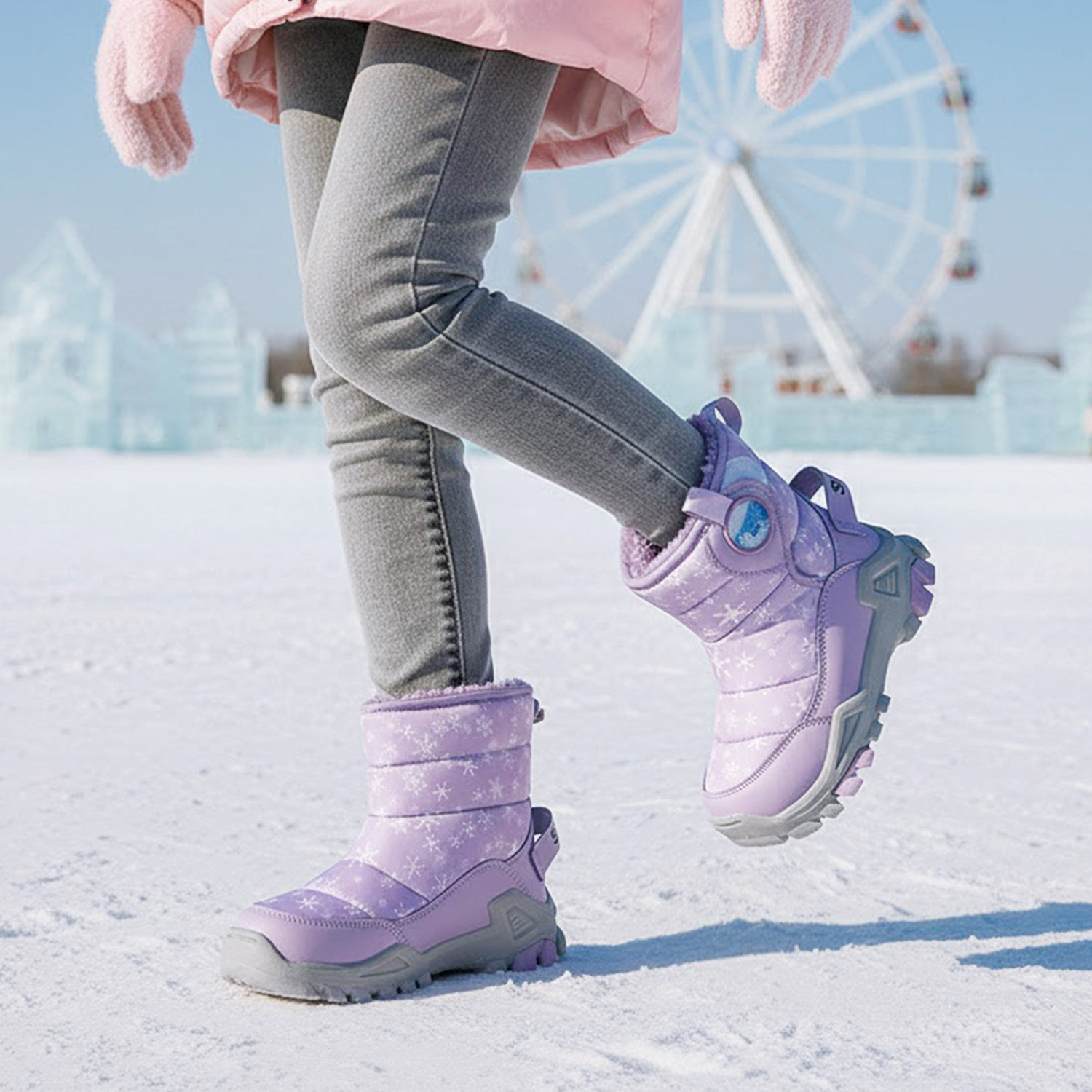 女童中筒加绒钢爪防水防滑雪地靴